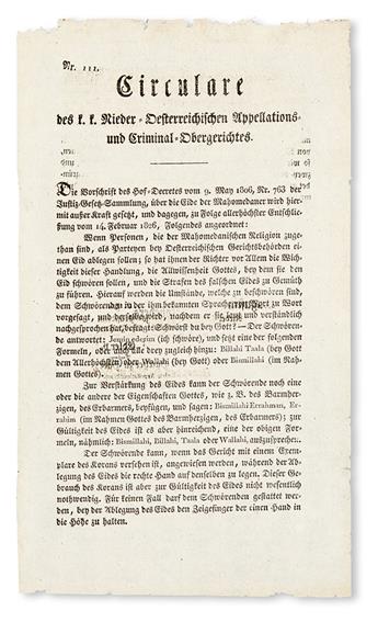 LAW  AUSTRIAN EMPIRE--MUSLIMS.  Nr. 111. Circulare des k. k. Nieder-Oesterreichischen Appellations- und Criminal-Obergerichtes